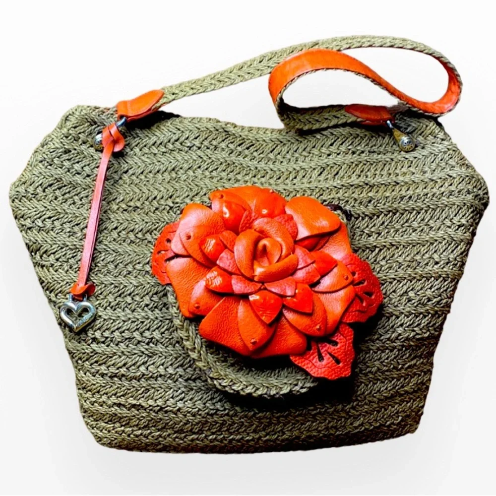 BRIGHTON JUTE AND ROSE CORAL LEATHER LARGE BAG
